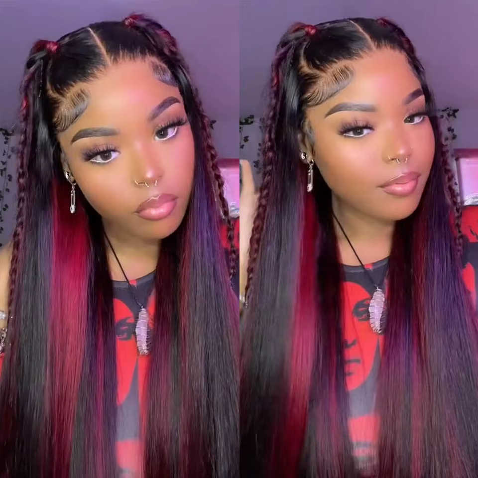 Ombre mettre en évidence bordeaux perruque cheveux humains 13x4 droite dentelle avant