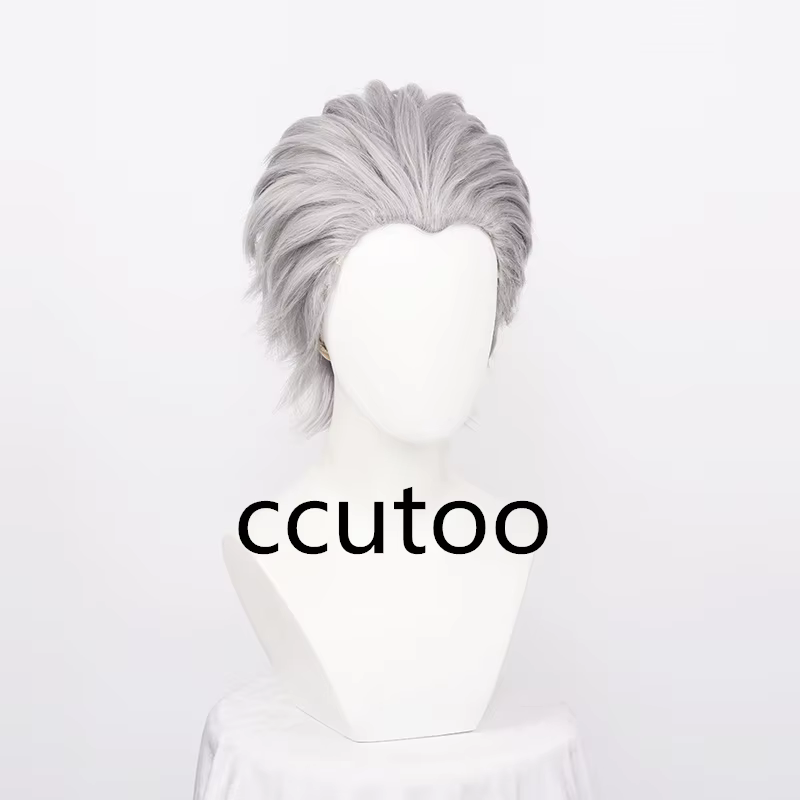 Perruque de Cosplay synthétique Vergil pour hommes, cheveux courts gris argenté, lisses au dos, résistants à la chaleur + bonnet de perruque