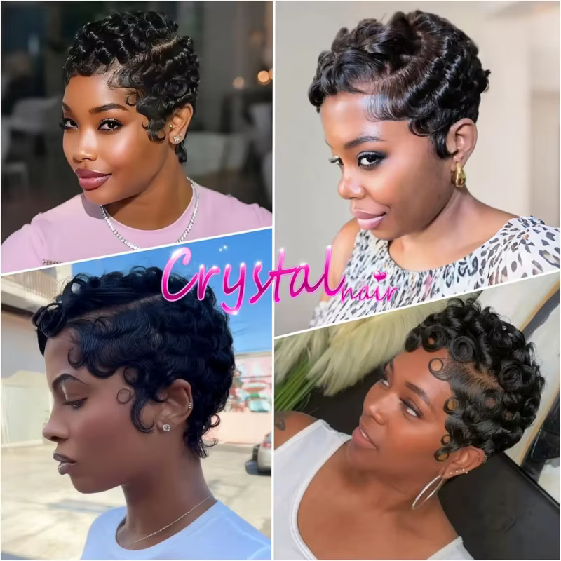 Perruque synthétique noire naturelle coupe pixie