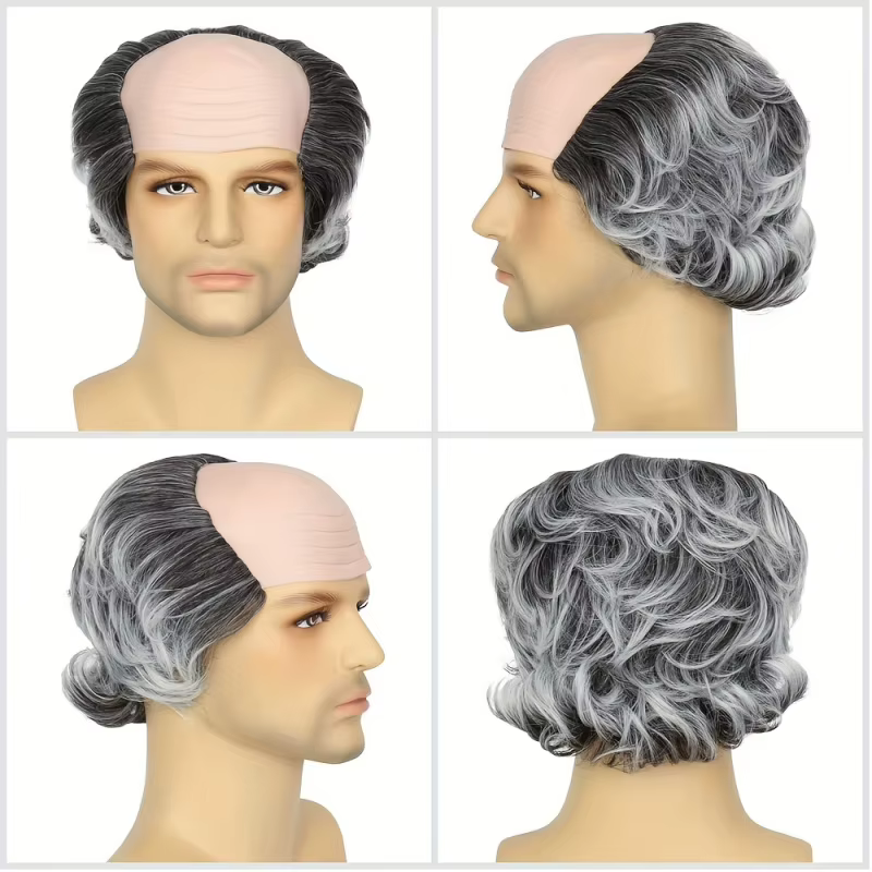 Perruque synthétique de personnage chauve gris drôle
