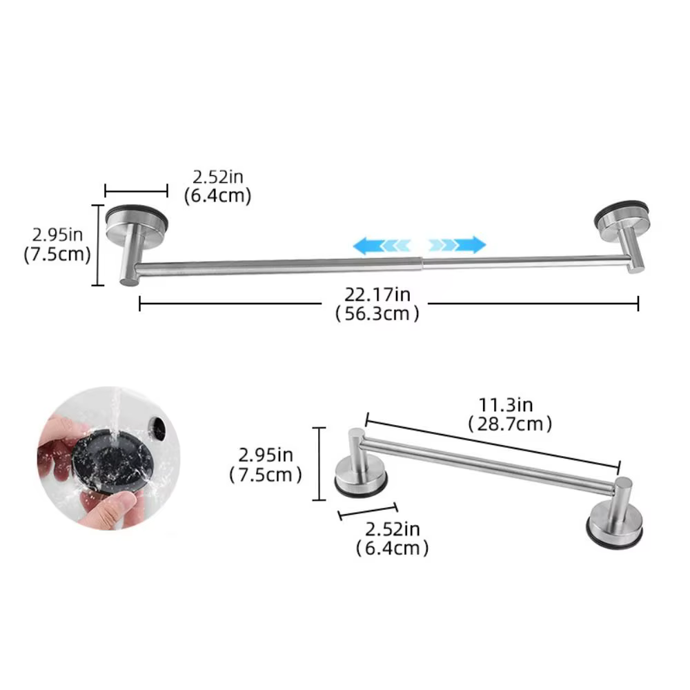 Porte-serviettes mural extensible en acier inoxydable à ventouse, sans perçage, à barre unique réglable