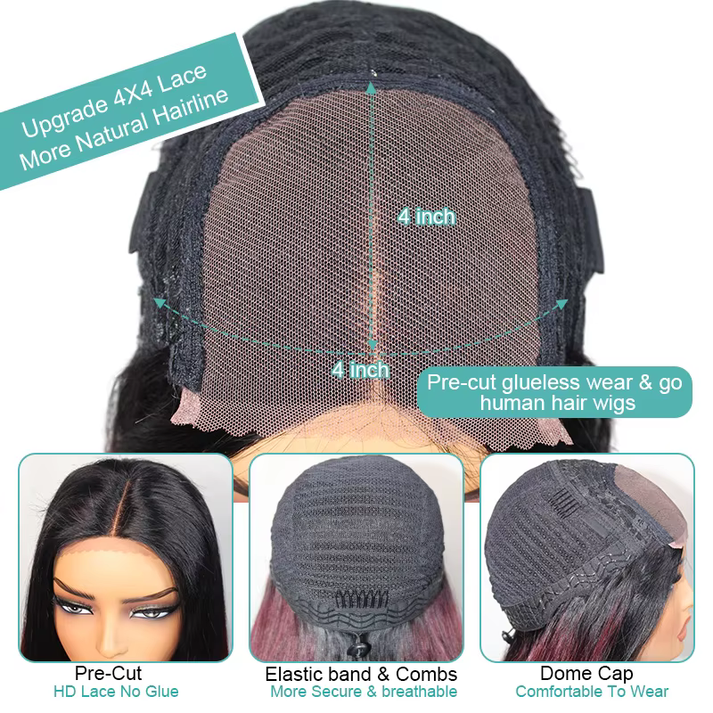 Perruques de cheveux humains bouclés sans colle bordeaux Wear and Go pour femmes