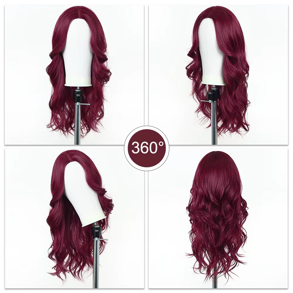 Perruque synthétique couleur vin rouge avec grandes boucles pour fête