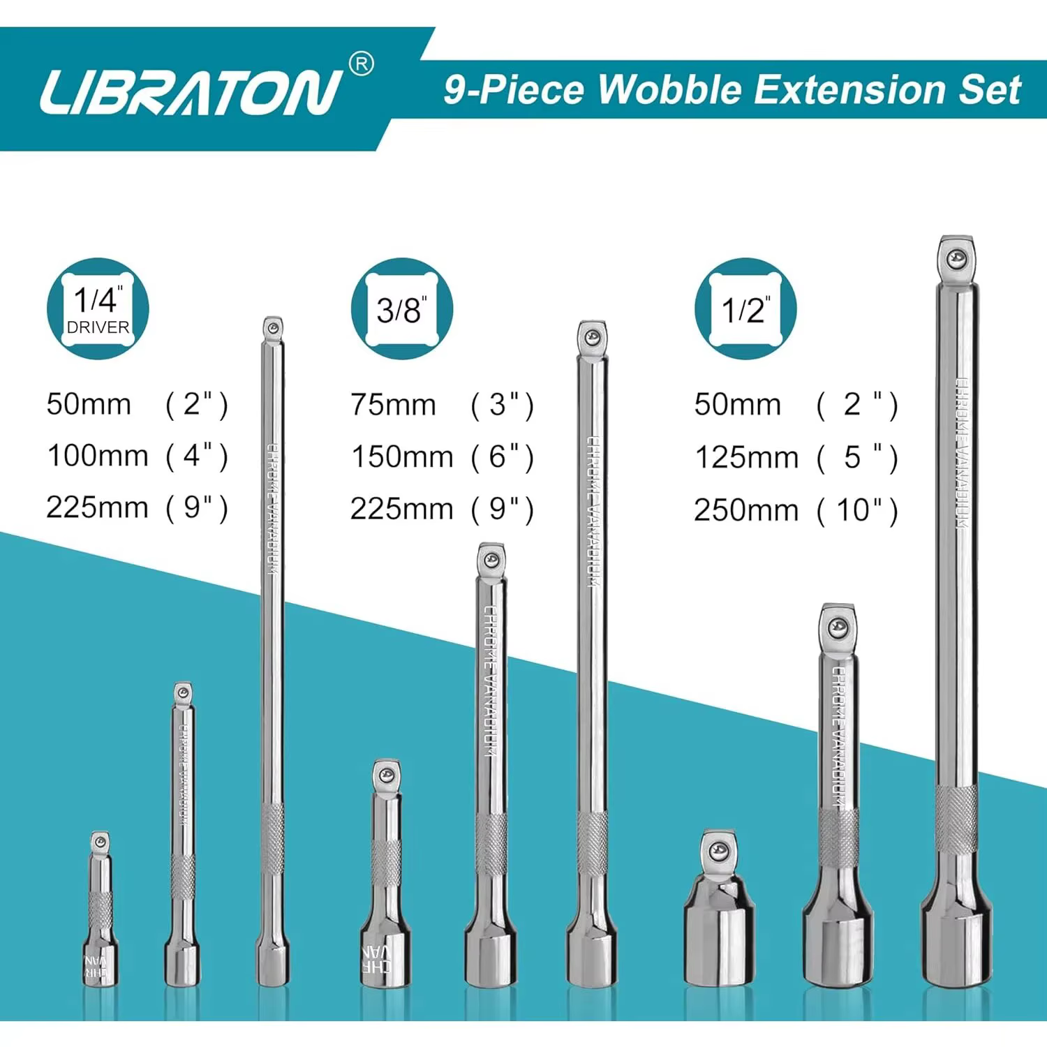 Libraton – ensemble d'extensions oscillantes, ensemble d'extensions de douilles, Extensions à cliquet 1/4 "3/8" 1/2 ", Extension de douille d'entraînement