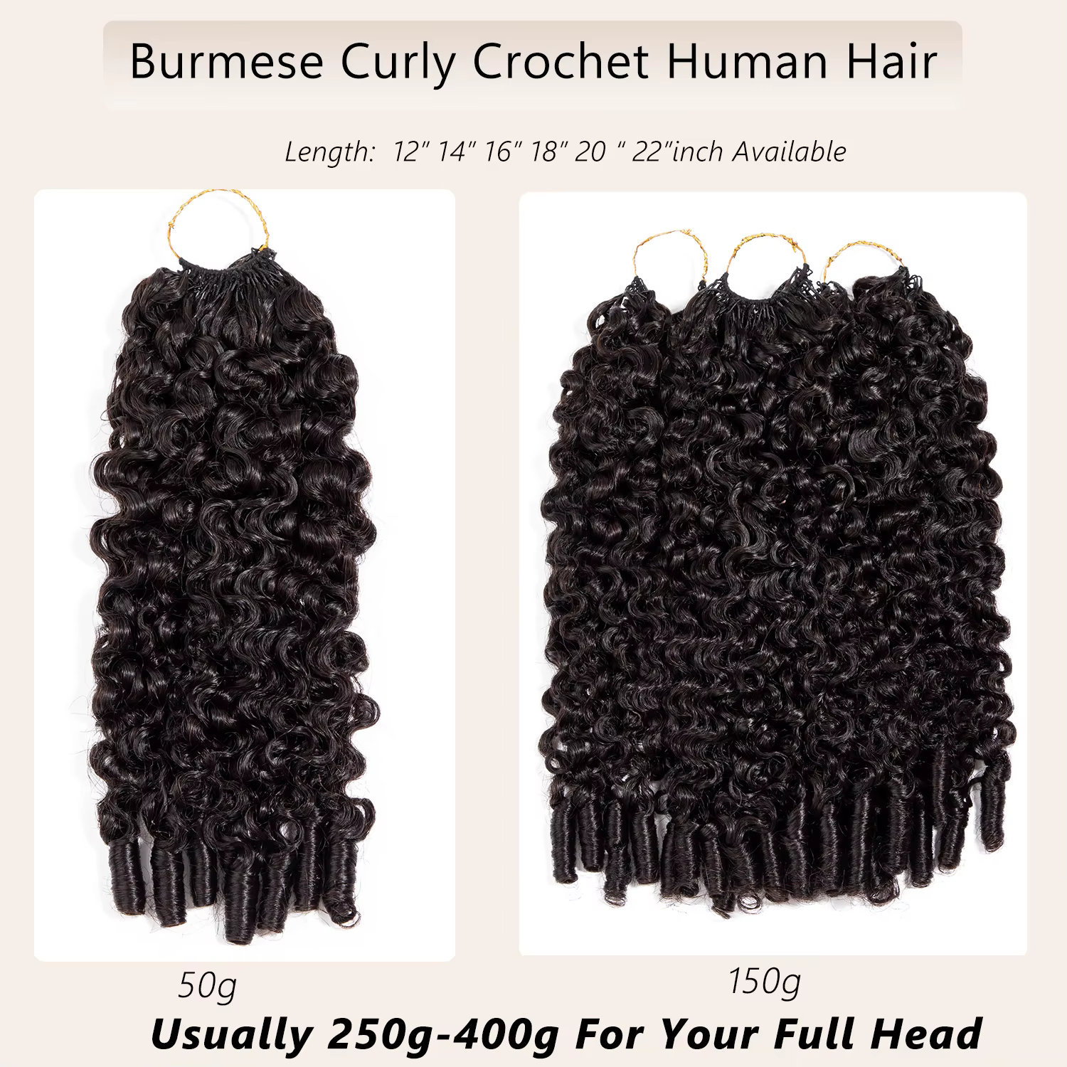 Extensions de cheveux humains bouclés birmans au crochet