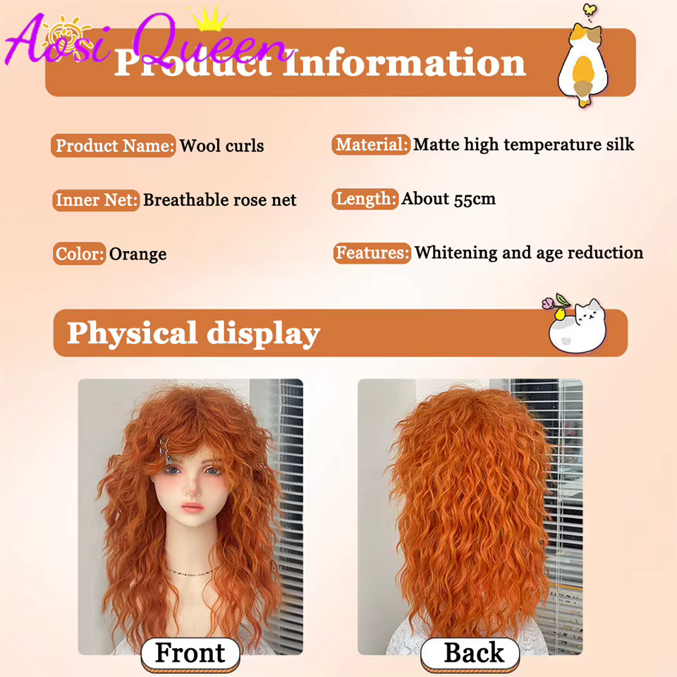 Perruques synthétiques bouclées Orange avec frange pour femmes