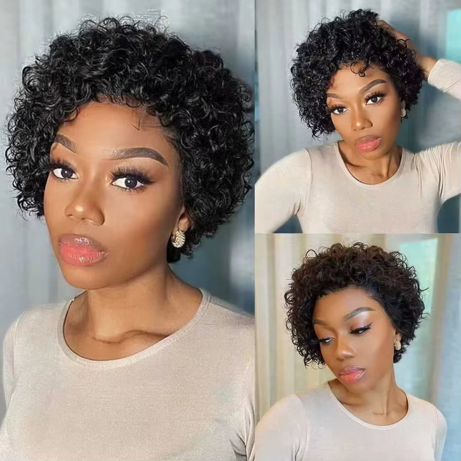 Perruques Courtes Bouclées Pixie Cut en Cheveux Humains