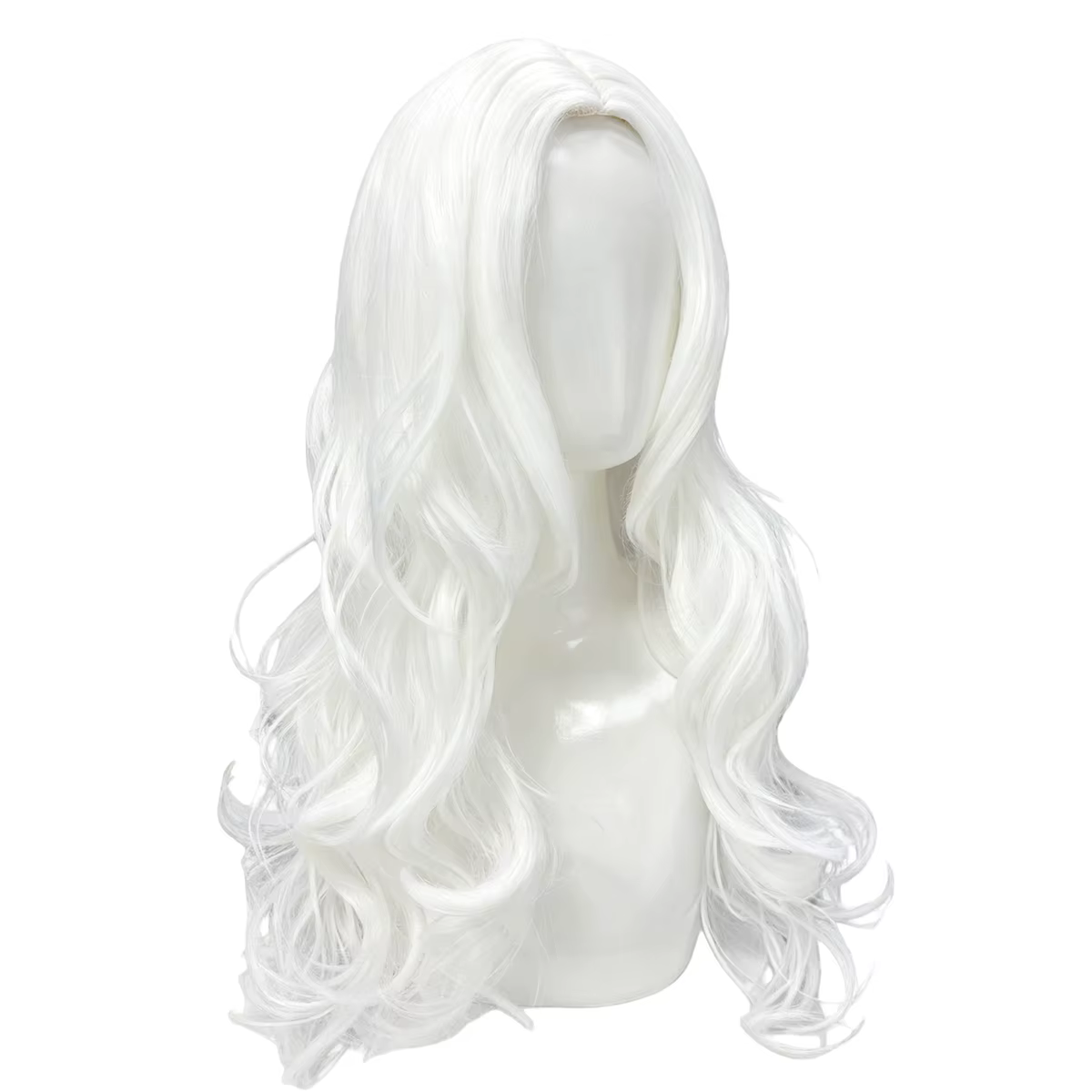 Perruque blanche longue ondulée avec partie centrale – Fiber synthétique d'apparence naturelle pour cosplay