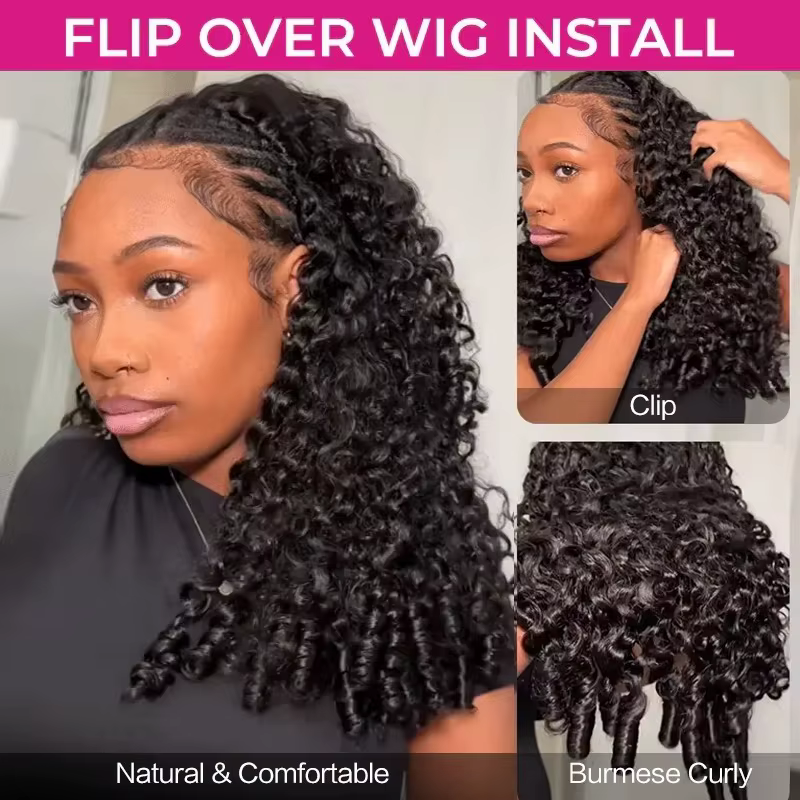 Demi-perruque sans colle birmane Pixi bouclée 100% cheveux humains Remy sans couture rabat