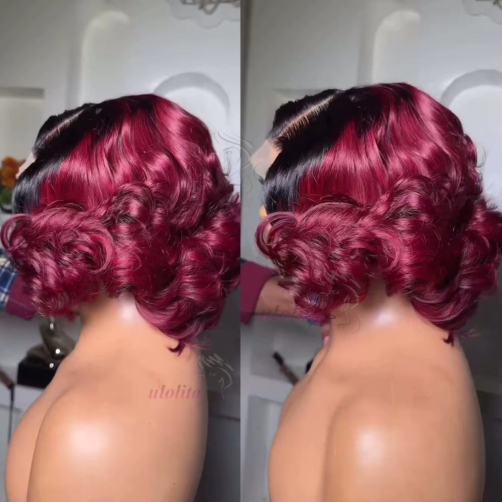Perruque Lace Frontal Wig sans colle bouclée et rebondissante T1B/99J bordeaux