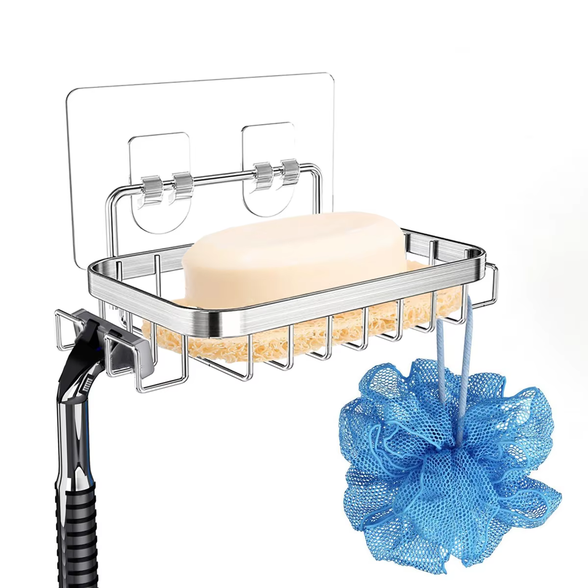 Porte savon en barre avec économiseur de savon et crochets de rasoir pour mur de douche, porte-savon adhésif mural en acier inoxydable pour salle de bain