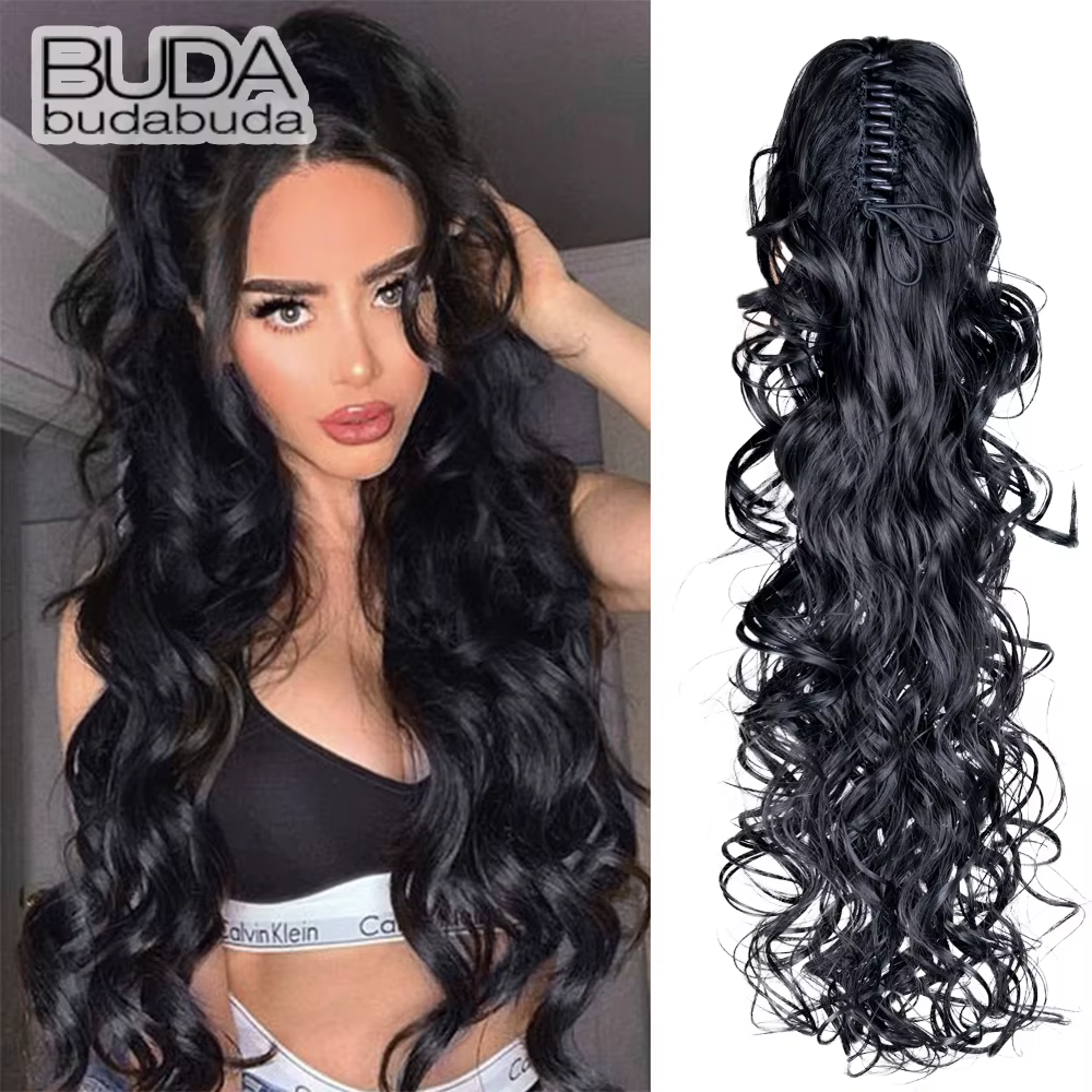 Extensions de cheveux bouclés ondulés queue de cheval longue pince à griffe synthétique