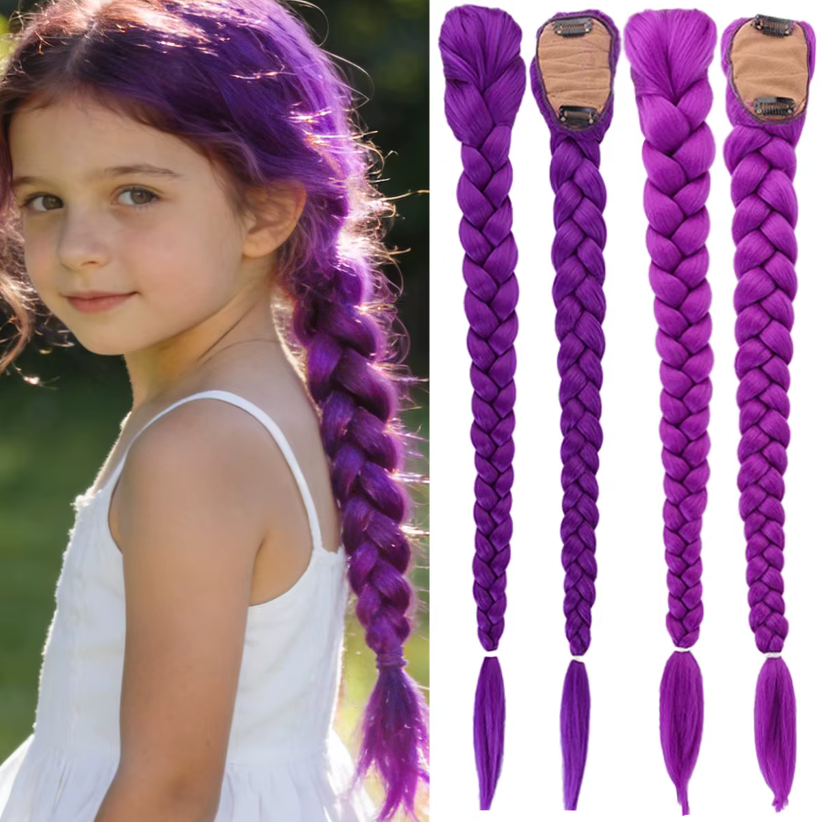 Queue de cheval synthétique tressée violette pour enfants