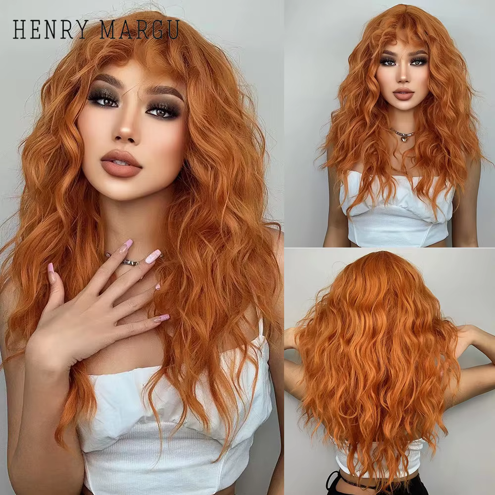 HENRY MARGU perruque synthétique rouge gingembre cuivre jaune pour femmes perruques longues ondulées bouclées avec frange Cosplay fête cheveux résistants à la chaleur