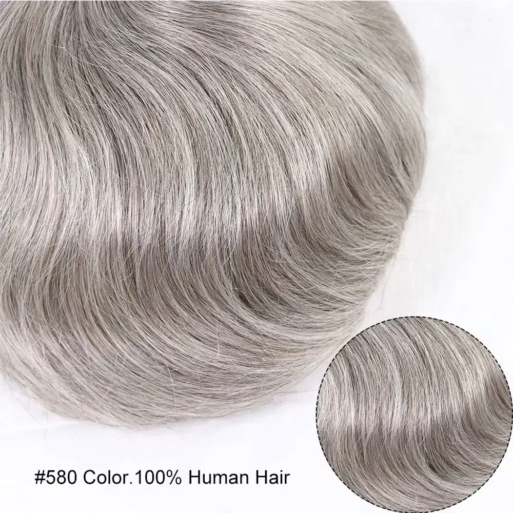 # 580 toupet de cheveux humains pour hommes argent gris postiche