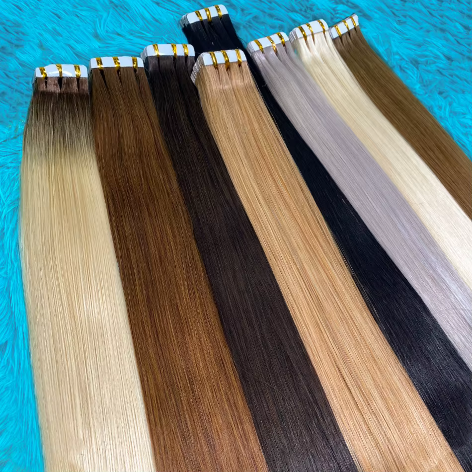 Extensions de cheveux blondes à bandes adhésives invisibles en cheveux humains, trame de peau en PU, 20 pièces, longueur 18-30 pouces, installation facile