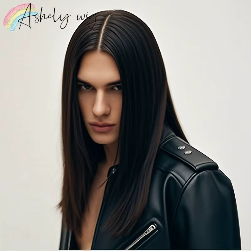 Perruque synthétique longue et lisse noire pour hommes