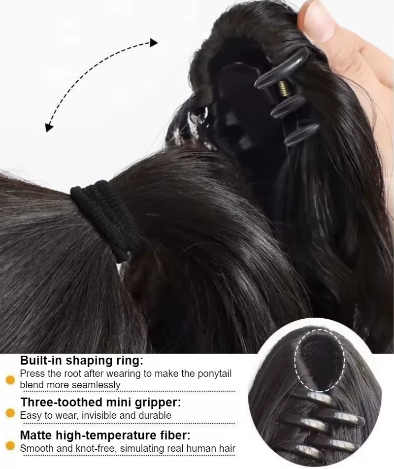 Perruque queue de cheval courte synthétique naturelle à clipser pour femmes
