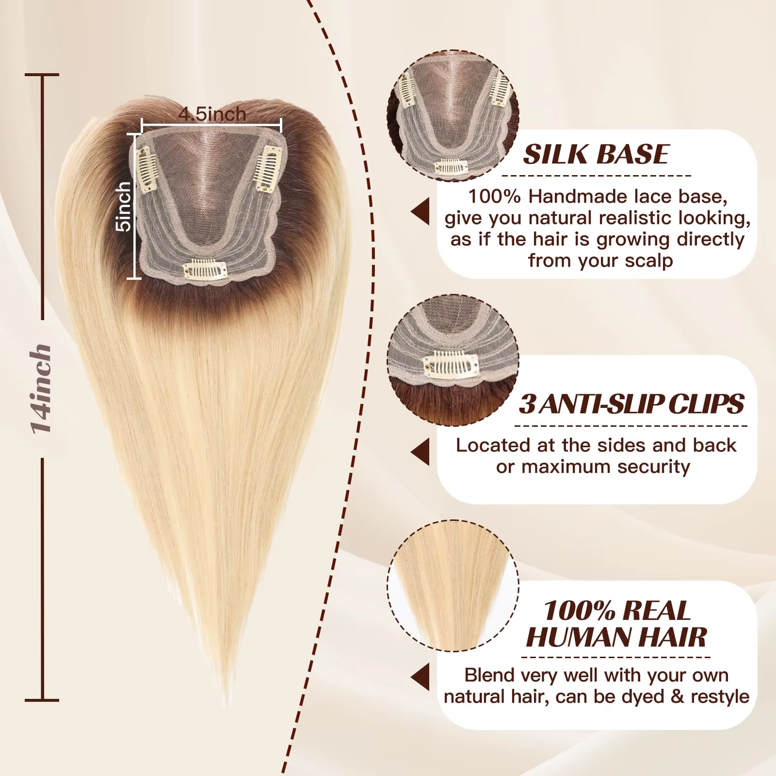 100% Remy cheveux humains Toppers Lase Base Clips dans
