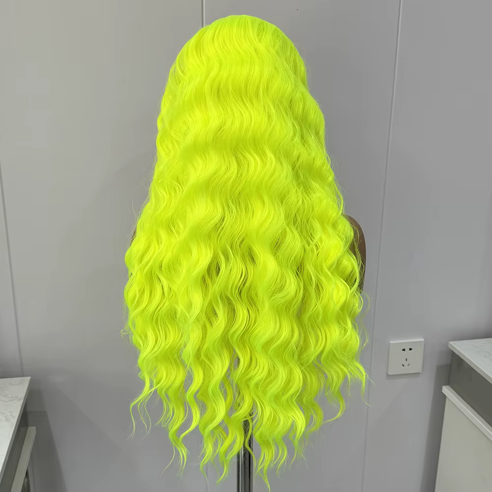 Perruque Synthétique Longue Bouclée Vert Néon pour Femme