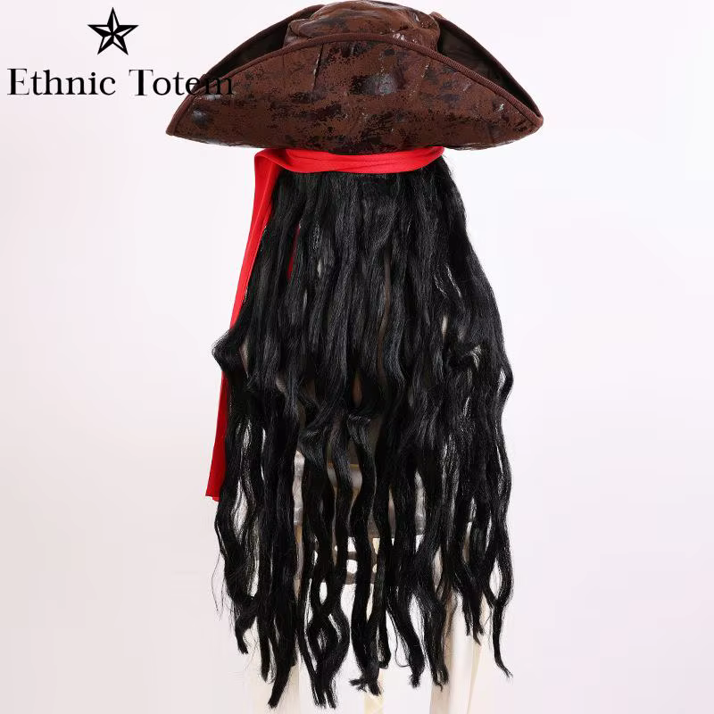 Perruque de chapeau marron de capitaine Pirate pour adulte