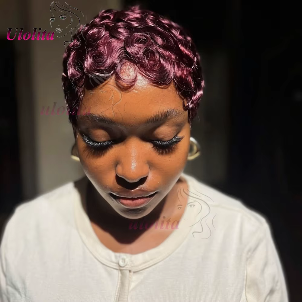 Perruques Courtes pour Femmes Noires Cheveux Humains Bourgogne 99J Chic Sans Colle Ondulées Coupe Pixie Perruque