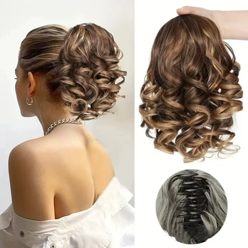 Extensions de queue de cheval courtes bouclées à cordon de serrage, extensions de cheveux synthétiques à clipser, chignon élégant pour usage quotidien, accessoires pour cheveux