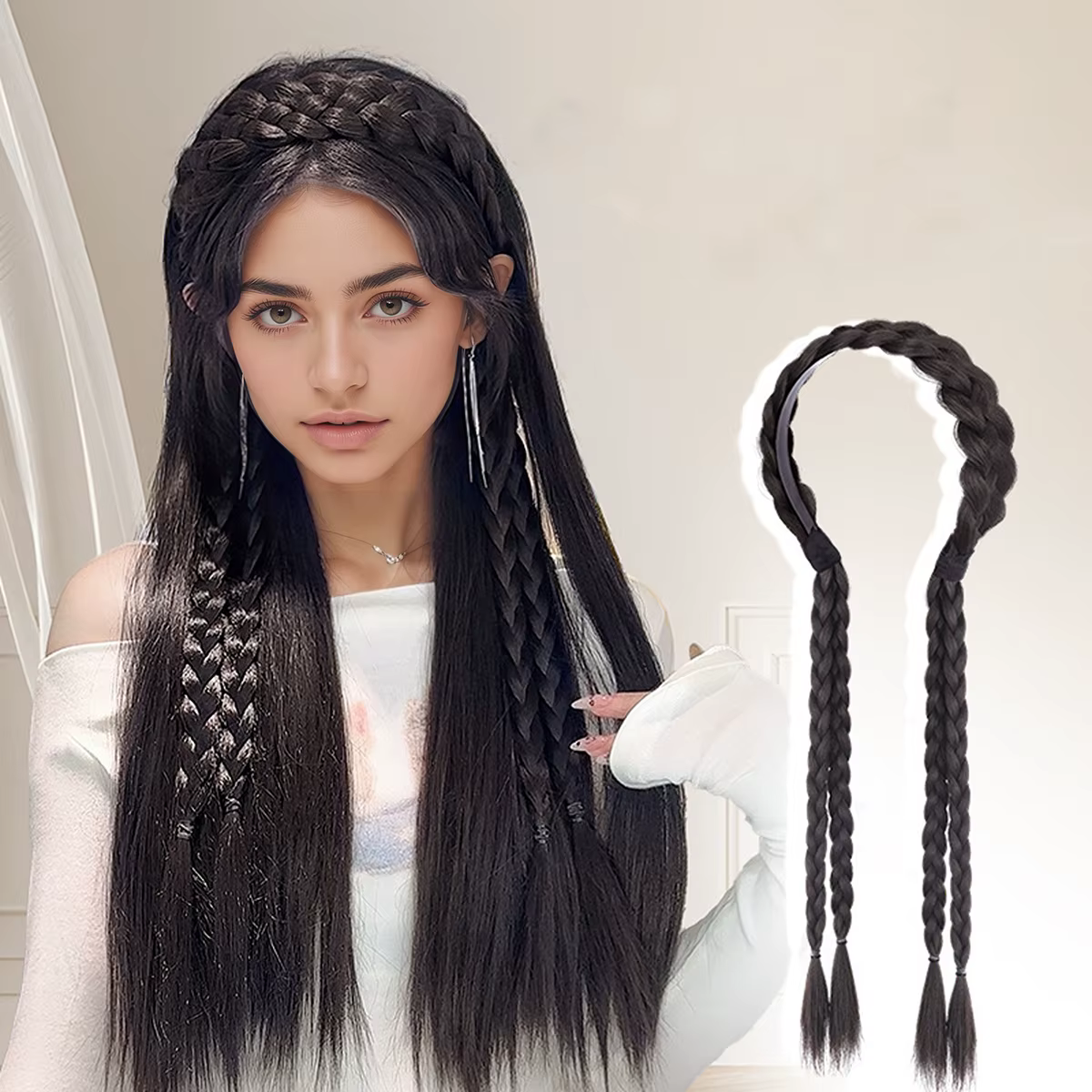 Queue de cheval tressée synthétique à double tresses, avec boucle élastique pour chignon, facile à porter et réglable
