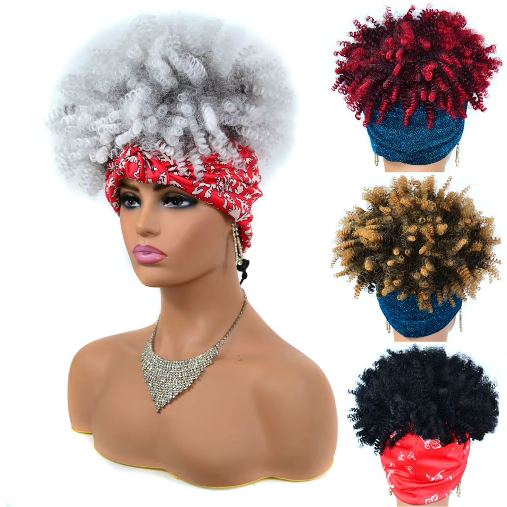 Perruque Afro bouclée Turban multicolore bandeau perruques femmes cheveux courts moelleux avec écharpe Design mode