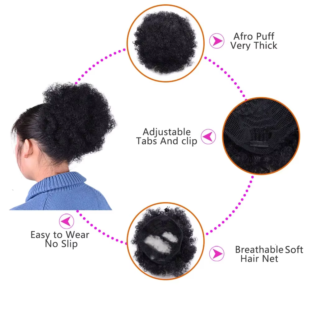 Chignon Afro court en cheveux humains, postiche pour femmes et enfants, perruque queue de cheval à cordon, extensions bouclées crépues à clipser