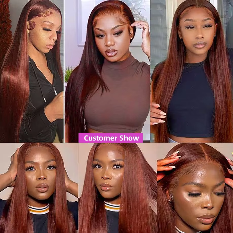 # Mèches brésiliennes 100% naturelles lisses, brun Auburn, avec Lace Frontal Closure transparente HD, Extension de cheveux vierges, 33