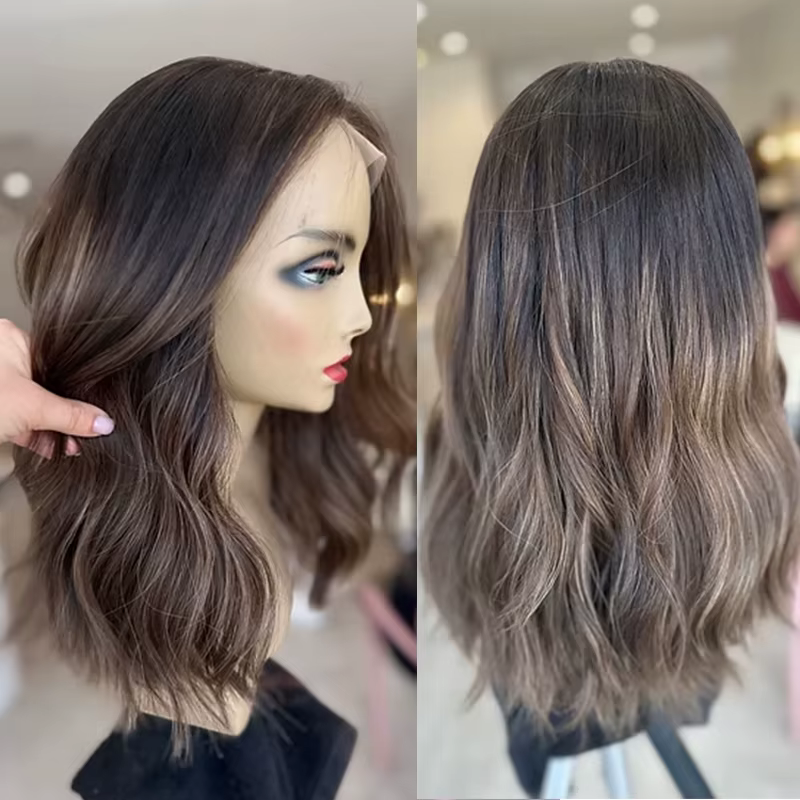 Perruque Lace Front Marron Châtain Pré-Pluckée Ondulée Naturelle Résistante à la Chaleur Mélange Synthétique Cheveux Humains pour Usage Quotidien
