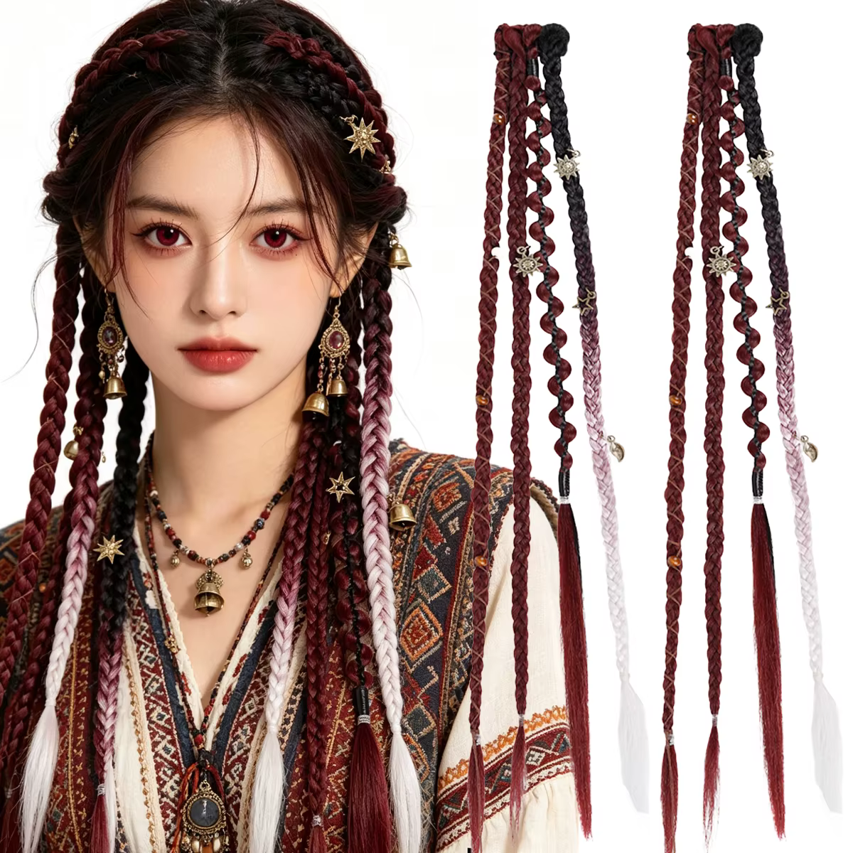 Extensions de cheveux tressées synthétiques style bohème ombré bordeaux avec mèches viking bohèmes pour femmes
