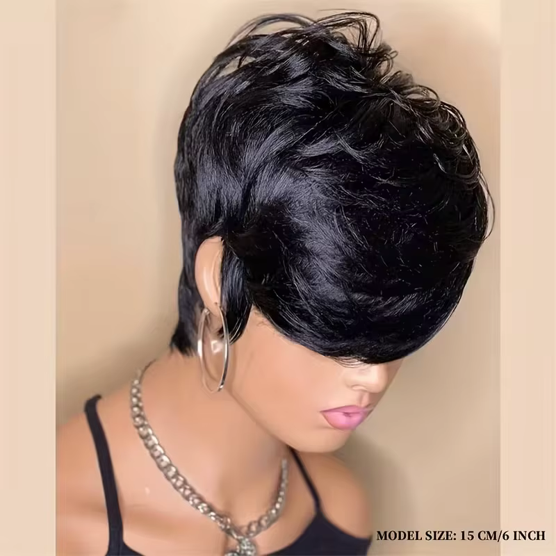 Perruque coupe lutin de cheveux humains sans colle de 6 pouces pour femmes avec longue frange Swoopy - Perruques superposées droites de densité 180%