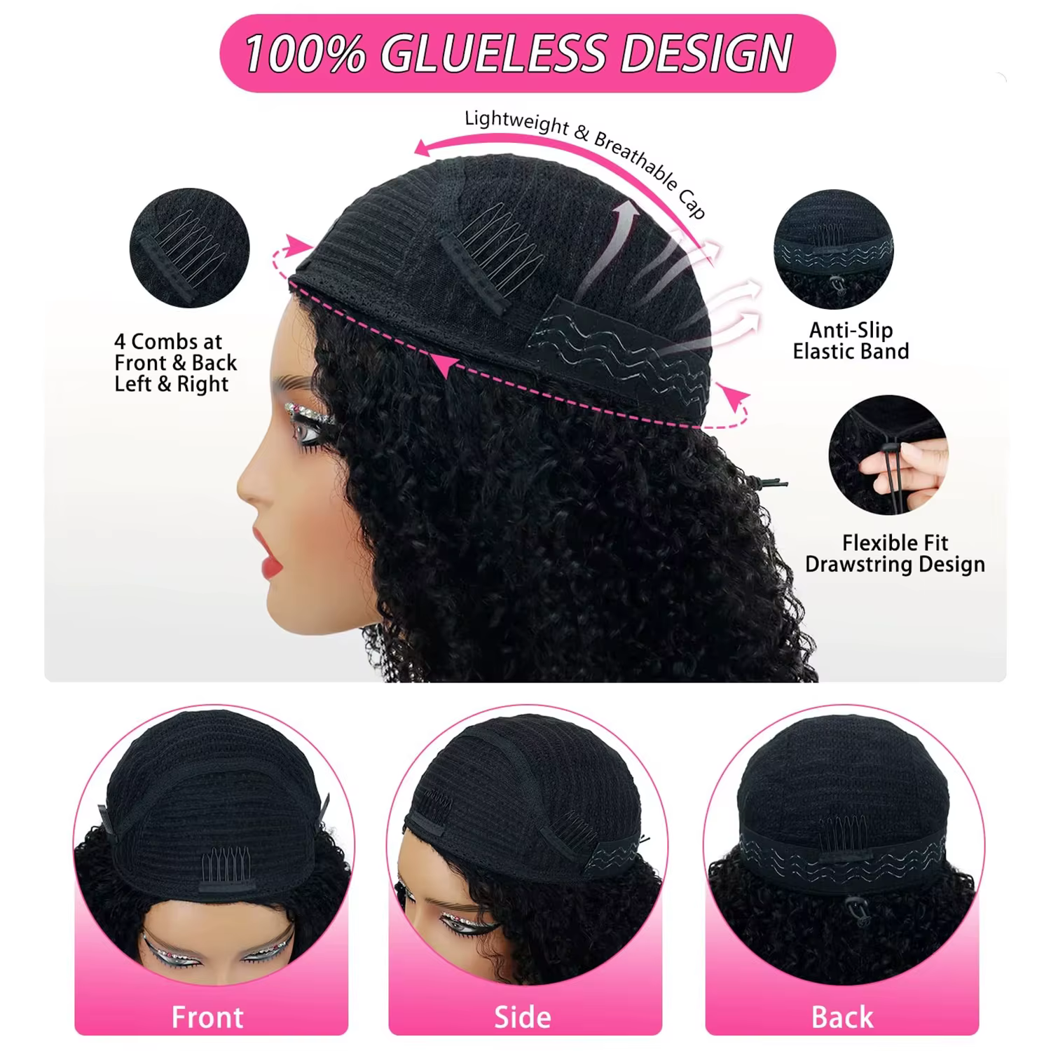 Demi-perruque cheveux humains crépus bouclés 3 en 1