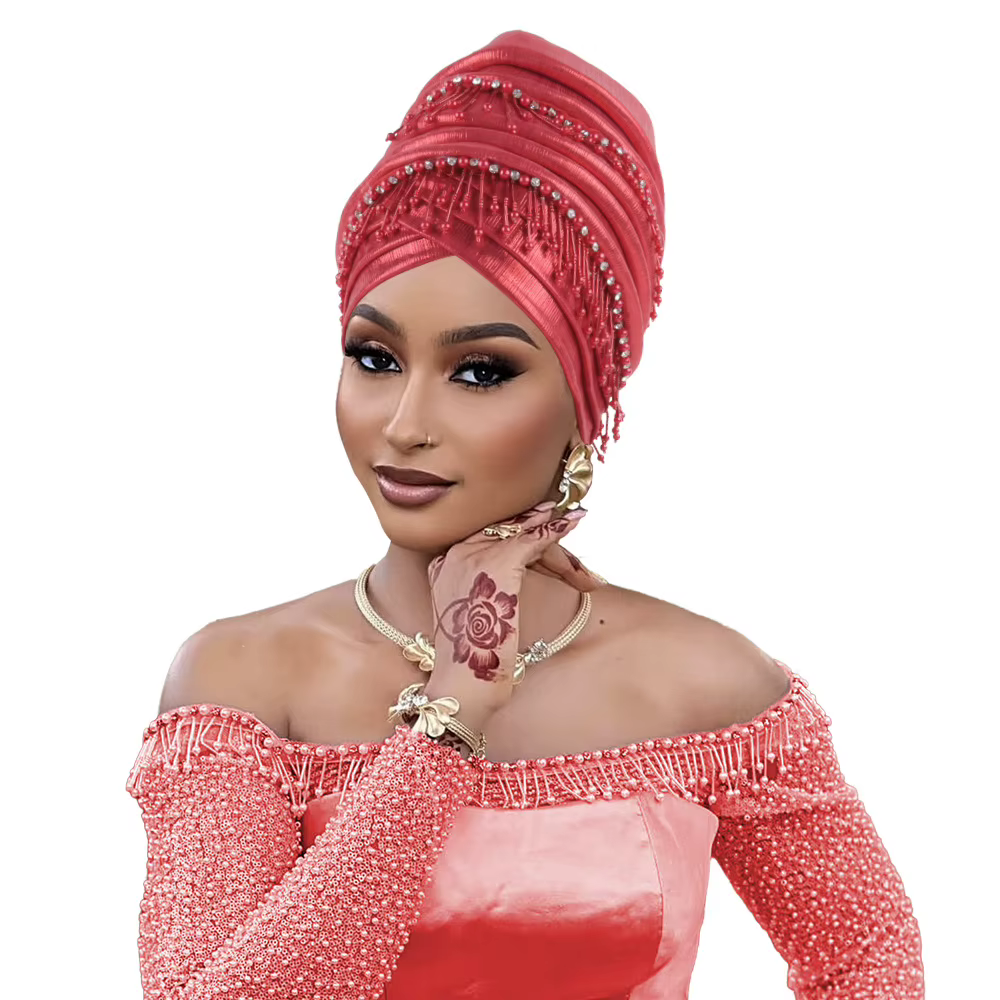 Couvre-chef africain femmes perles glands Turban casquette mariage nigérian Auto Gele fête casque tête enveloppement Hijab Bonnet chapeau coiffure