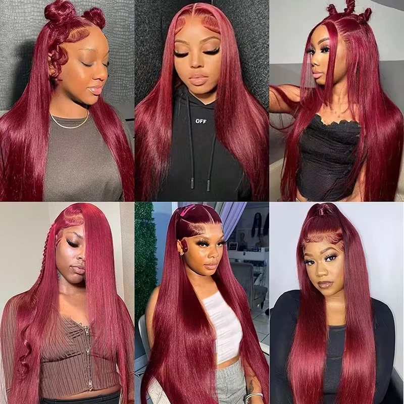 Perruque en cheveux humains longs et raides de couleur rouge
