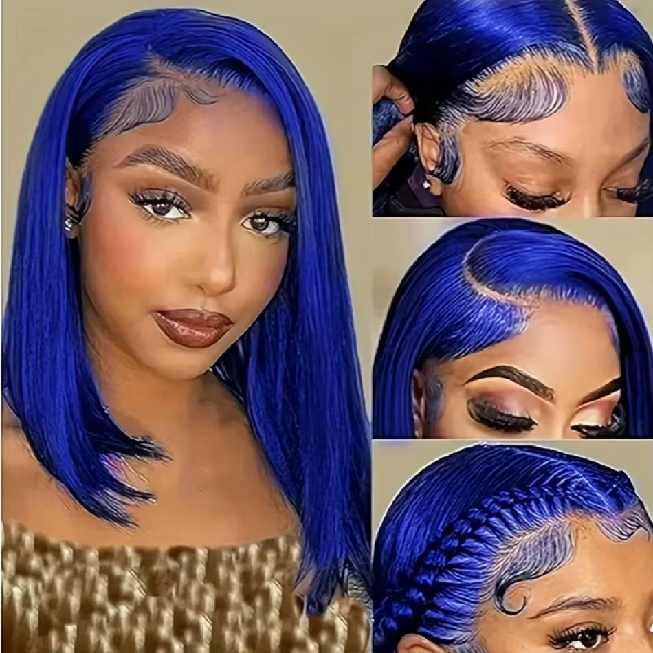 Perruque Bob Lace Front Wig naturelle, cheveux courts, bleu marine, 13x4, naissance des cheveux naturelle, pre-plucked, avec baby hair