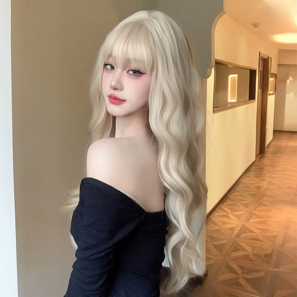 Perruque blonde ondulée naturelle avec frange, longue et bouclée, pour femmes, usage quotidien, fête, cosplay, perruque synthétique résistante à la chaleur