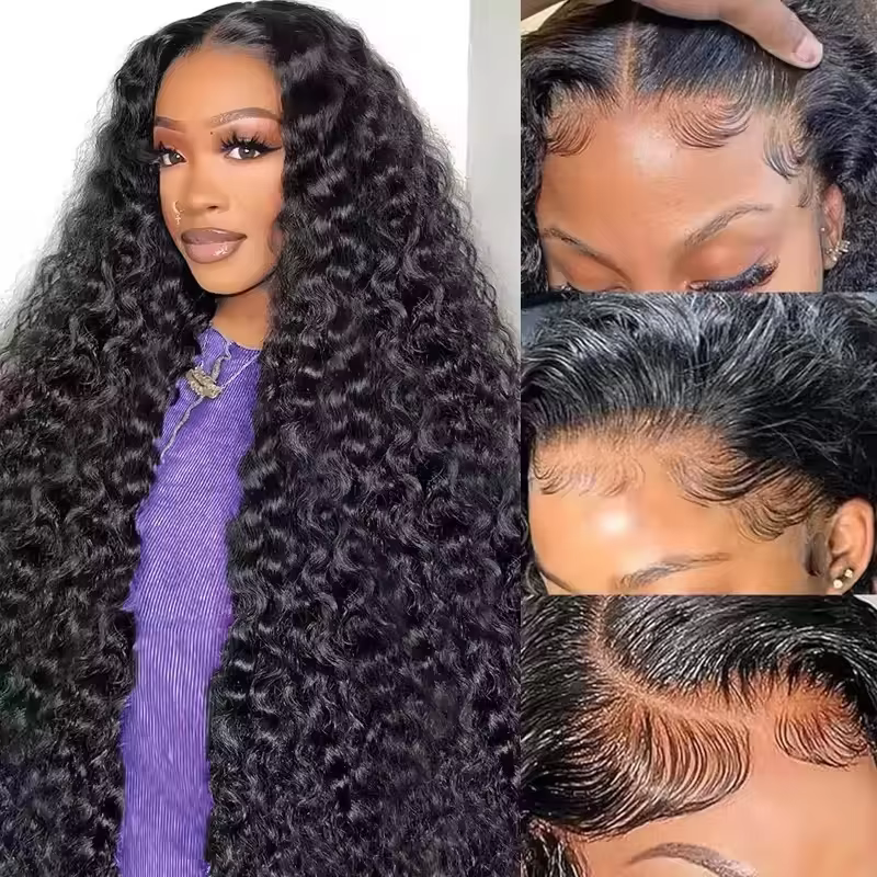 300 densité HD sans colle perruque bouclés cheveux humains vague profonde dentelle frontale