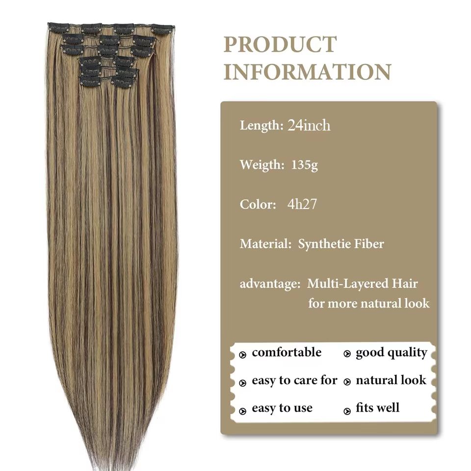 Extensions de cheveux synthétiques à clipser, mèches blondes longues et lisses, postiches complètes épaisses pour femmes et filles, lot de 6 pièces