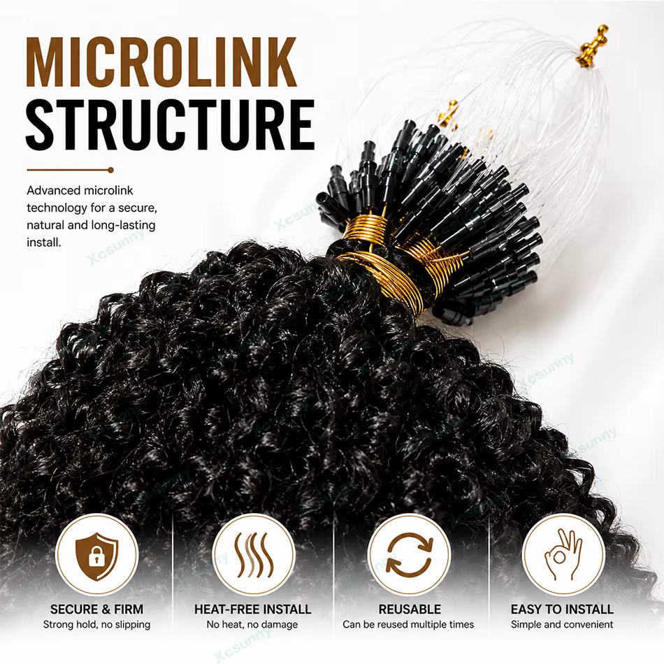 Afro crépus bouclés Microlink Extension de cheveux humains 4C Micro anneau Extensions