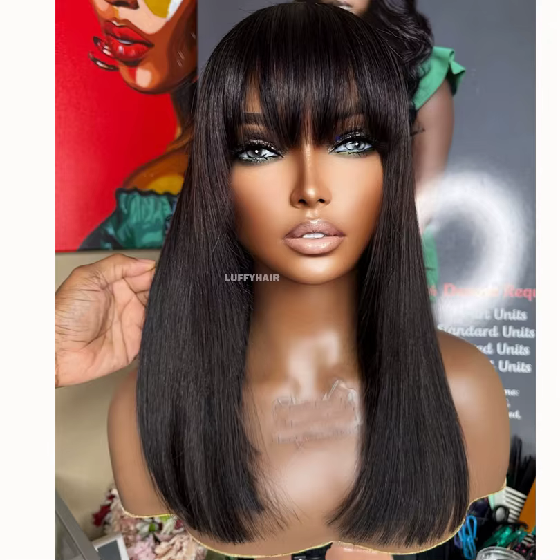 16 pouces droite Bob perruque avec frange cheveux humains pleine dentelle courte noir Bob perruques 5x5 Base de soie