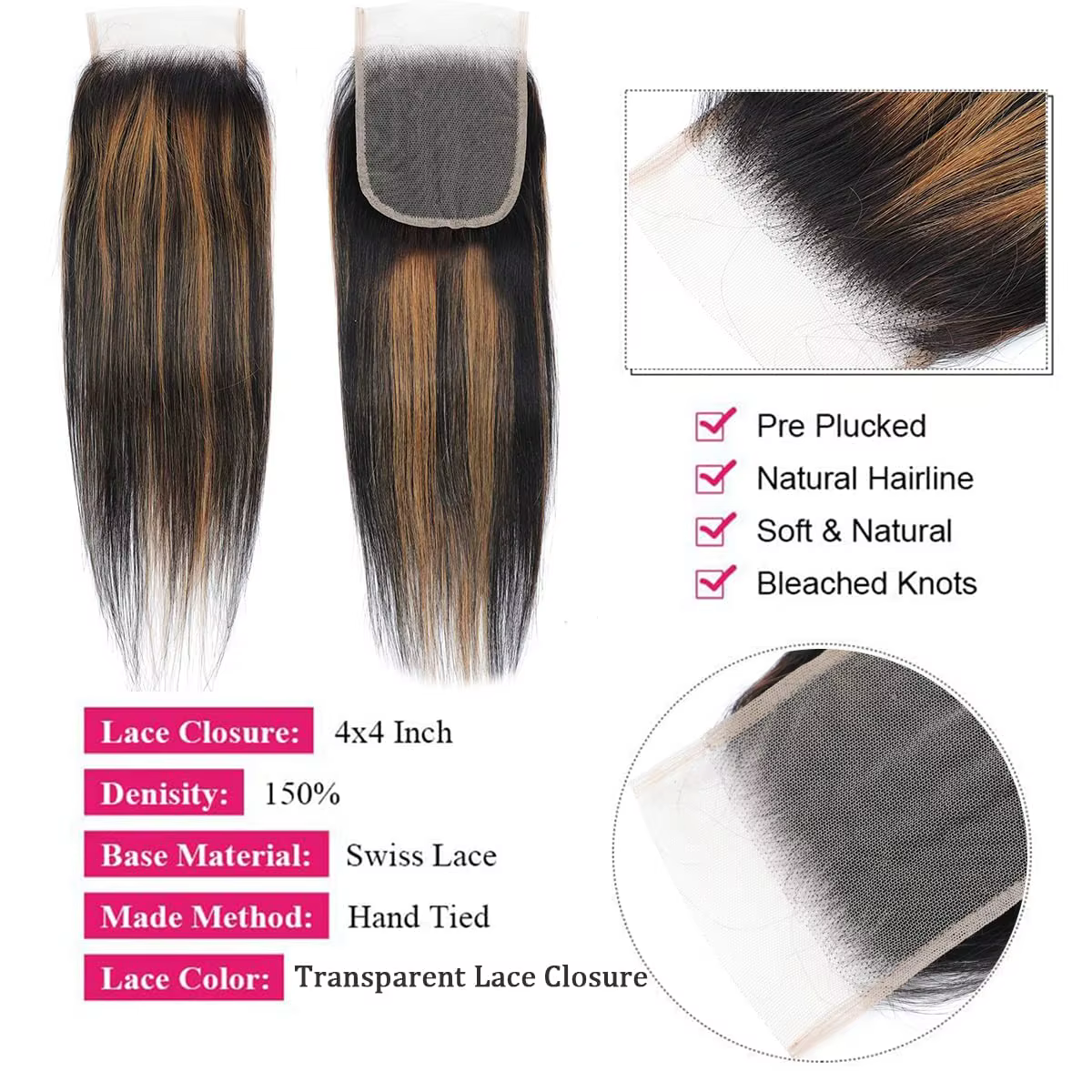 Mèches brésiliennes Remy lisses avec Closure 4x4