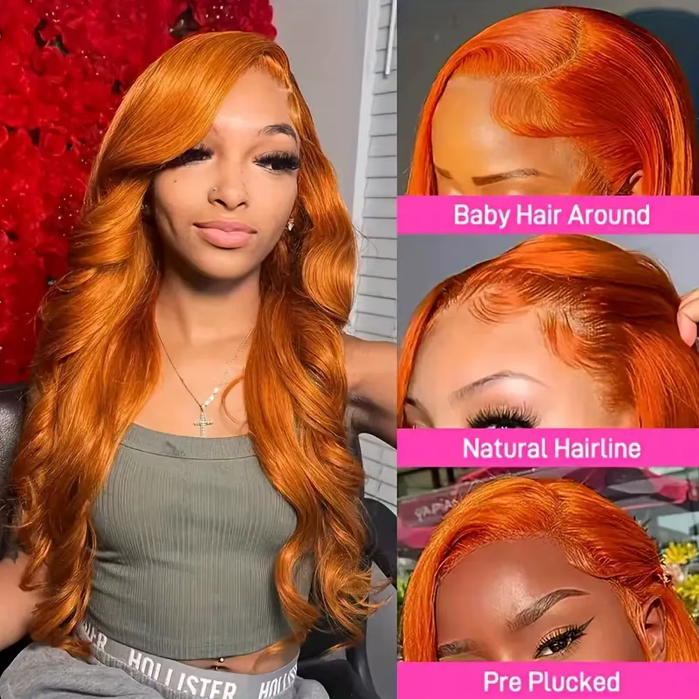 Perruque Lace Front Wig synthétique Body Wave de couleur Orange gingembre 13x4 pour femmes