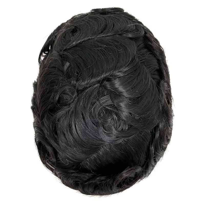 Hommes toupet avec noeuds peau mince prothèse capillaire pleine PU 0.08-0.1 cm indien perruques de cheveux humains