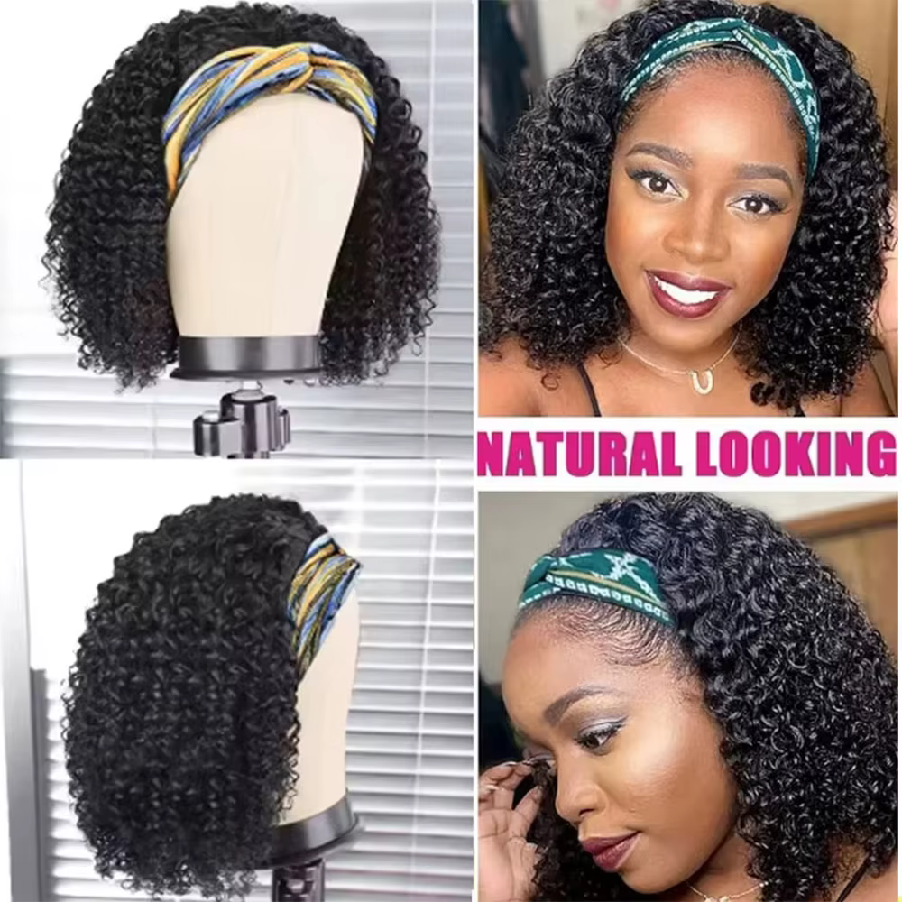 Perruque bandeau bouclée crépue 100% cheveux humains, perruques bob bouclées pour femmes, vraies perruques bobo en cheveux vierges, perruque entièrement fabriquée à la machine, noir naturel