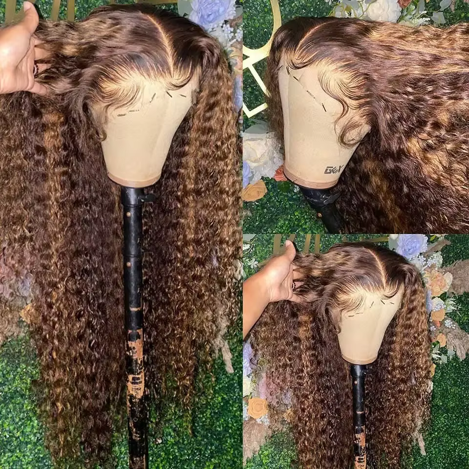 36 pouces mettre en évidence miel blond crépus bouclés perruques cheveux humains 13x6 HD vague profonde dentelle