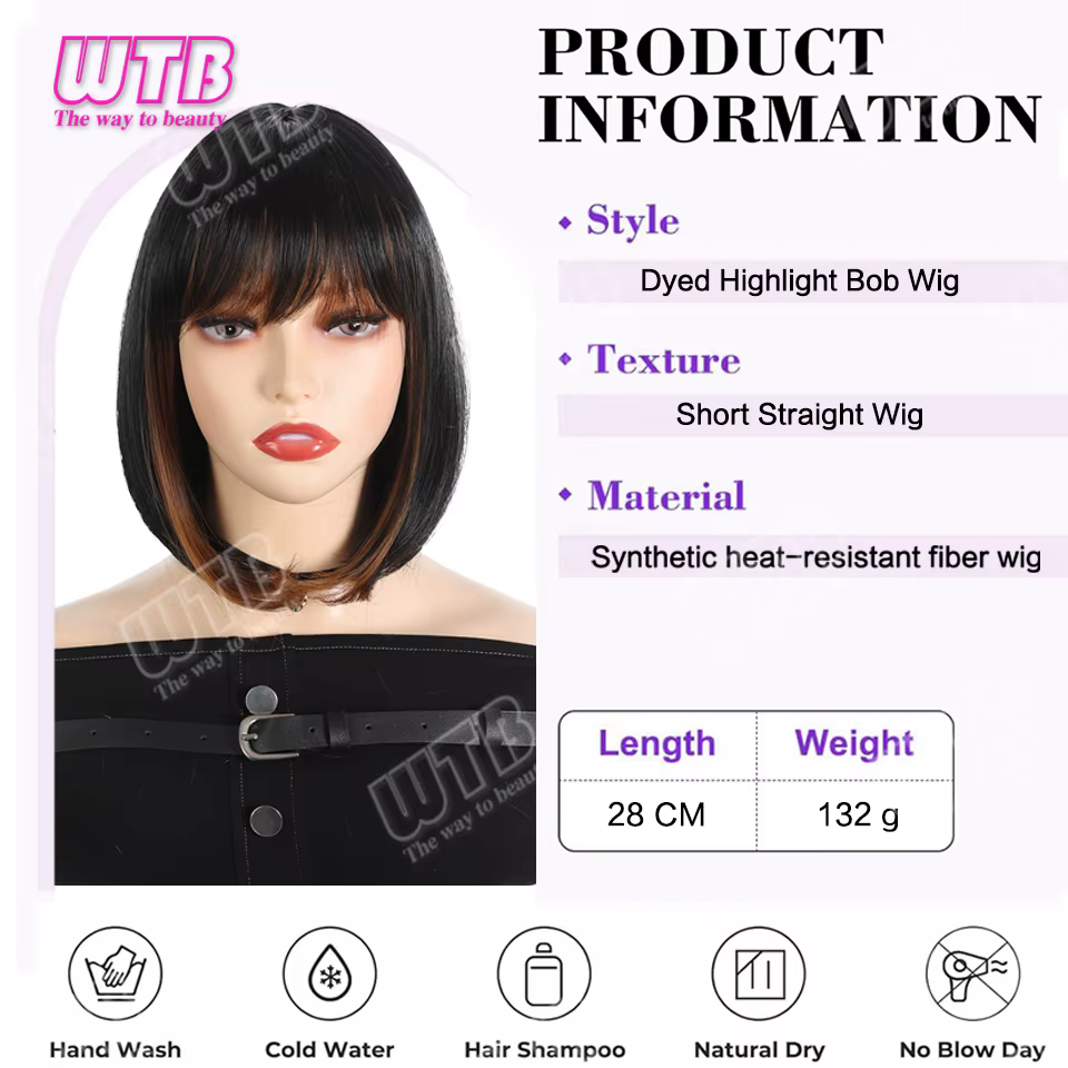 WTB Perruque synthétique courte et droite pour femme