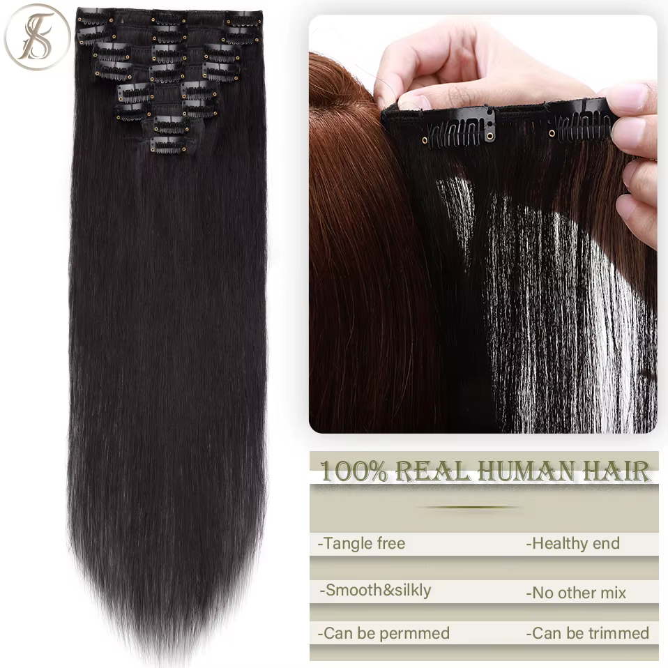 TESS-Extensions de Cheveux Naturels Lisses à réinitialisation, Postiche, Tête Complète, Surbrillance Fine, 50-80g, 8 Pièces/Ensemble